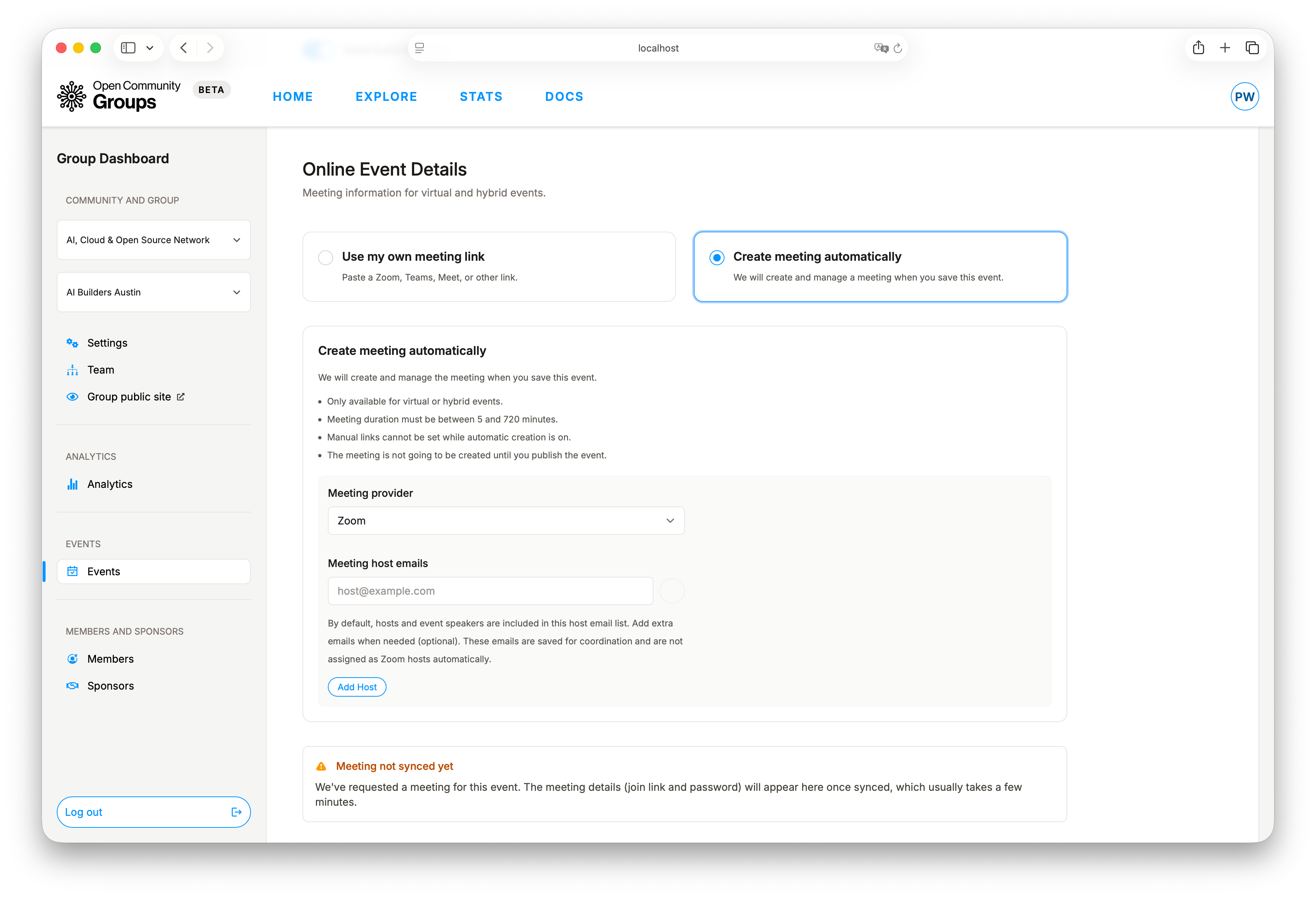 Events automatic meeting
