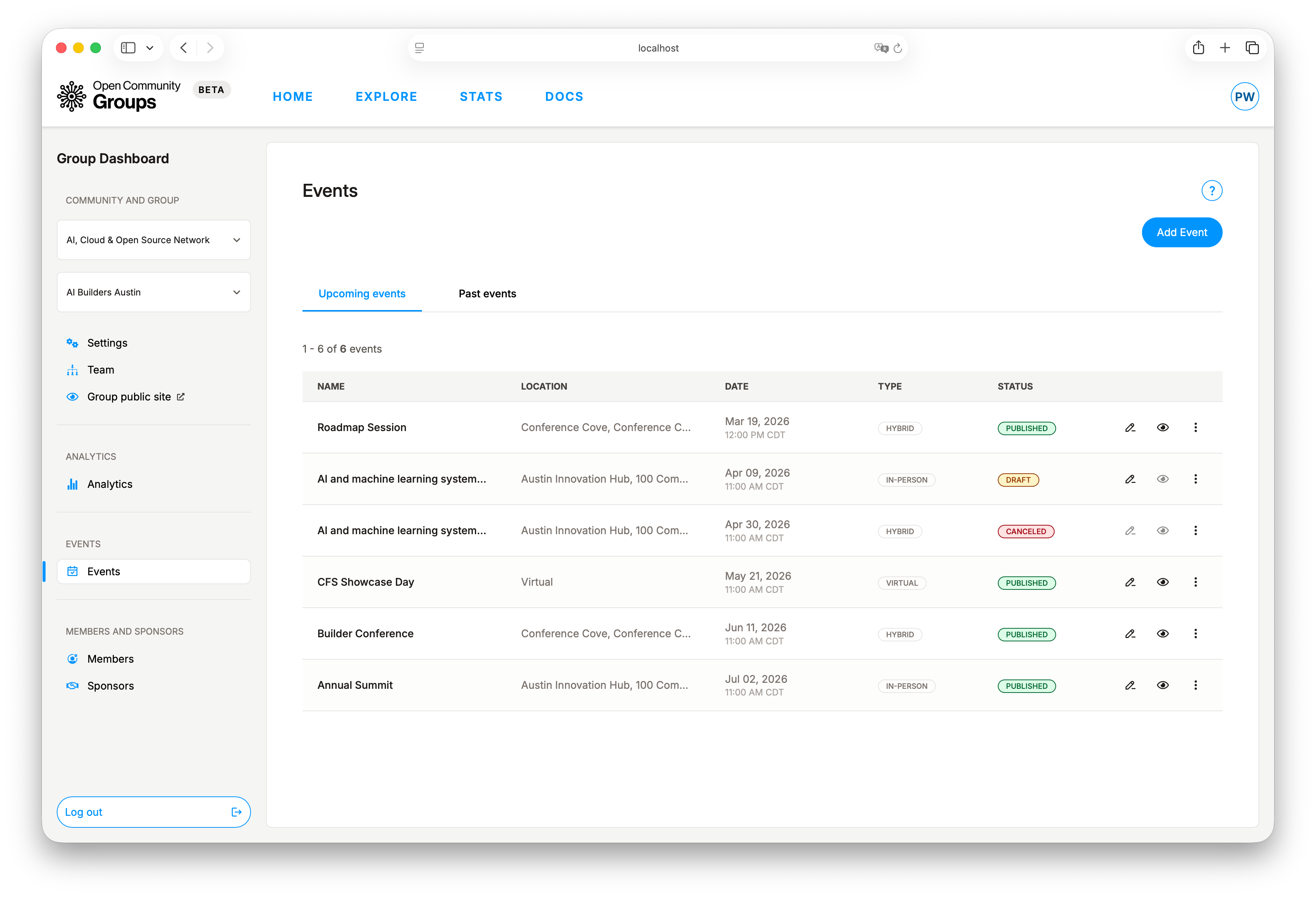 Events operations list
