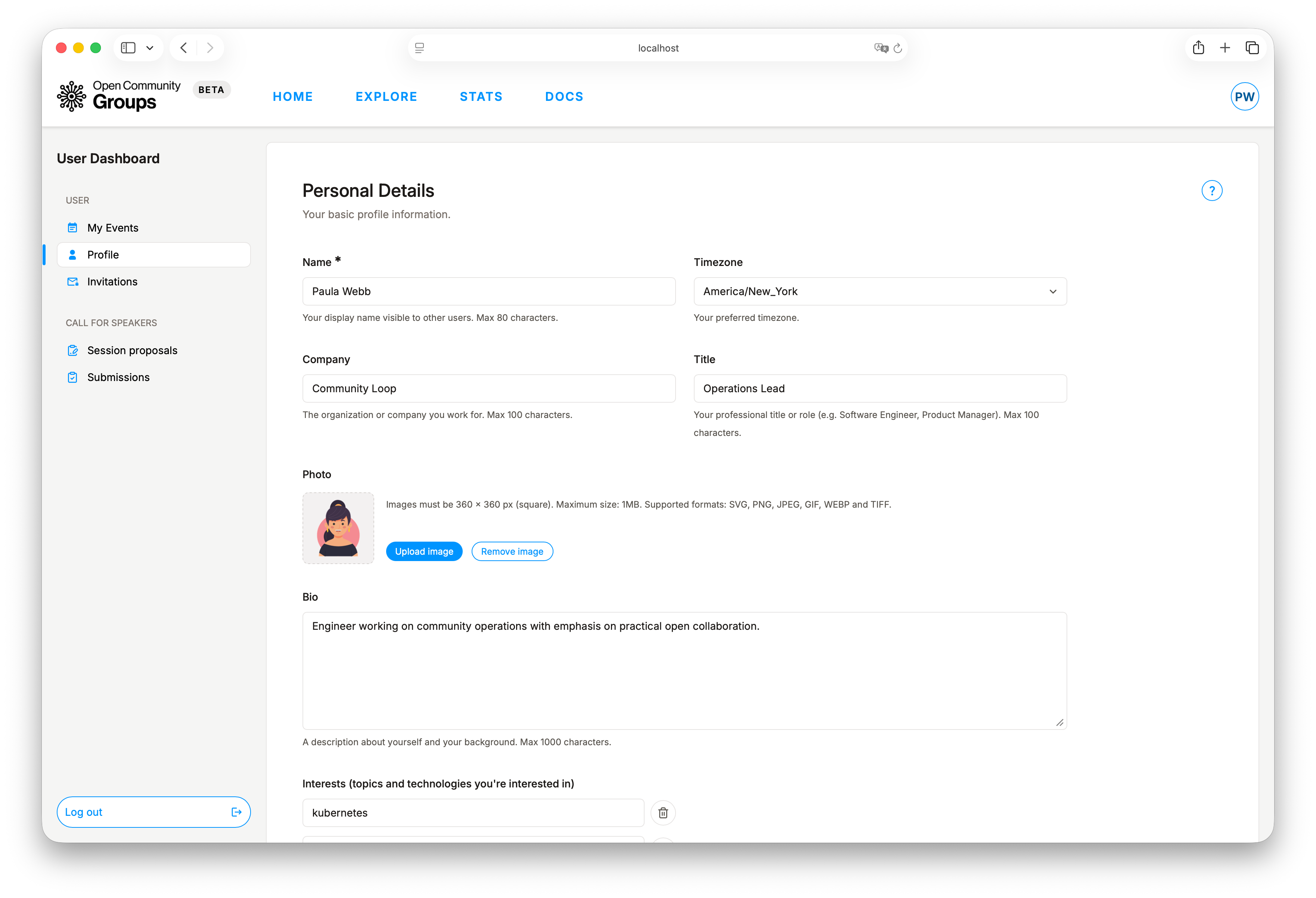 User profile area