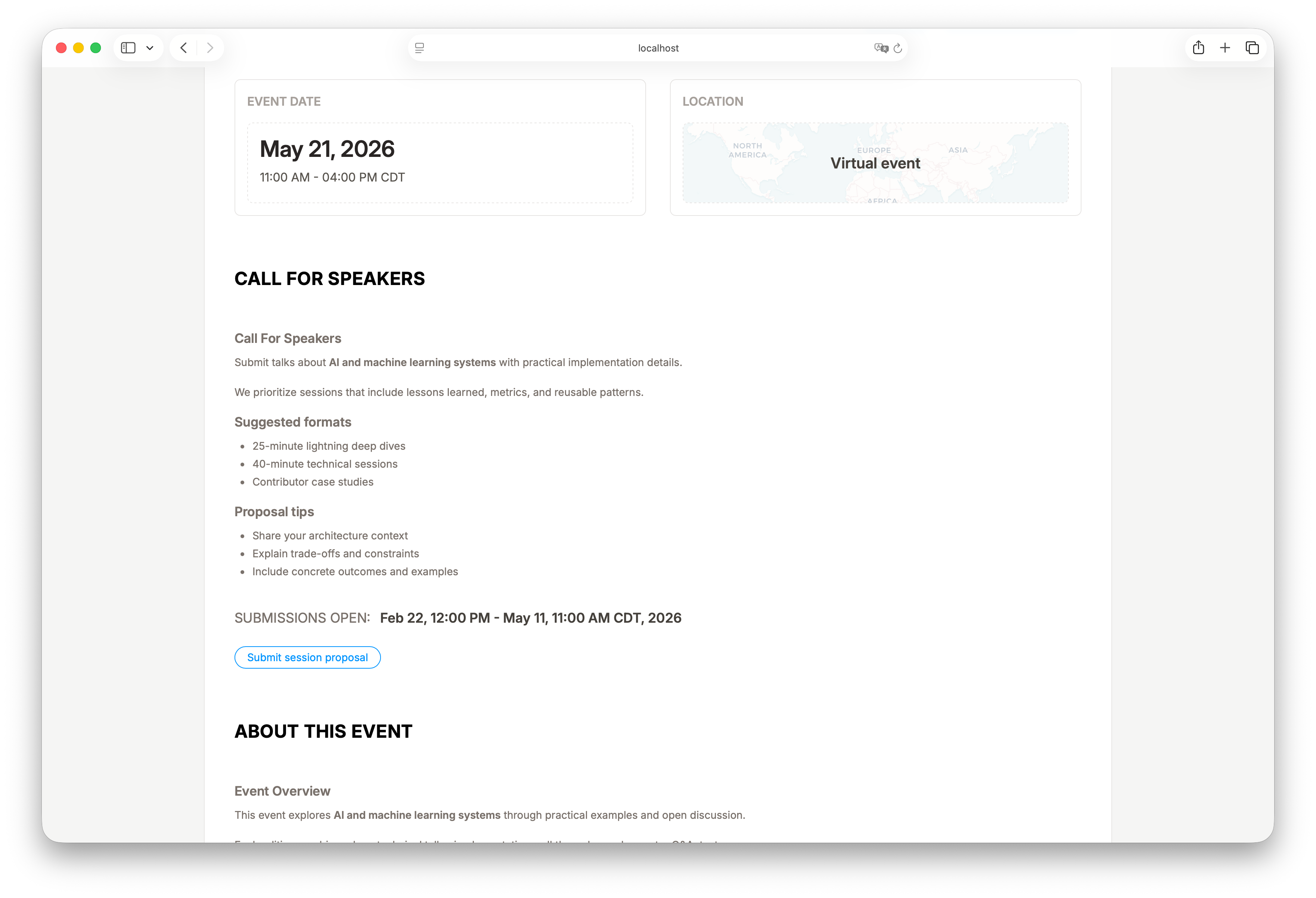 Event page Call for Speakers