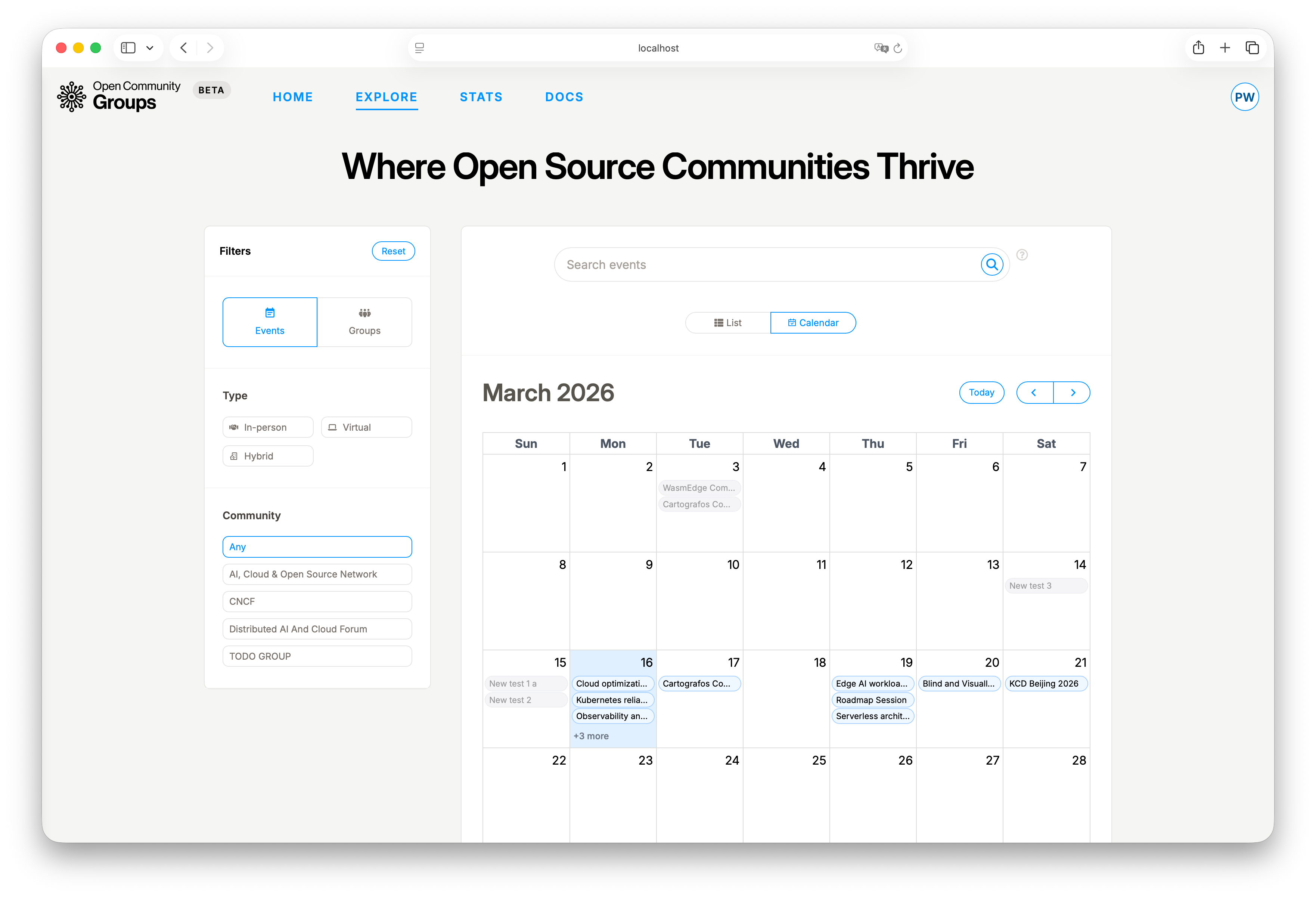 Explore events calendar view