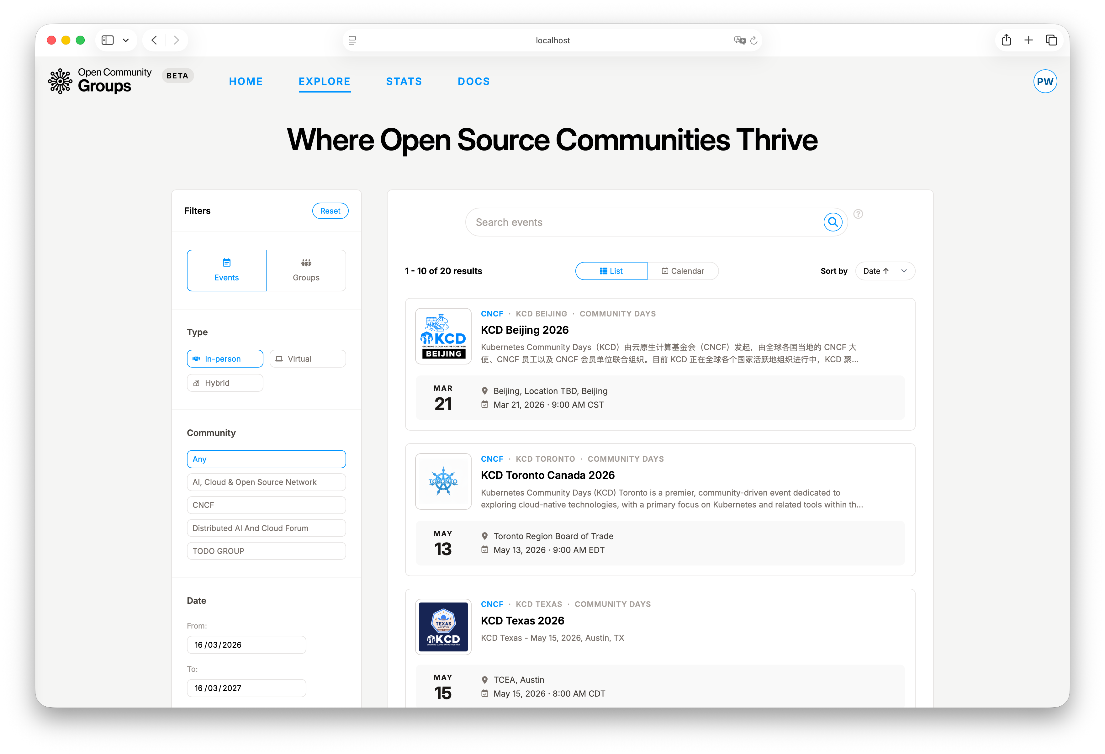 Explore events list view