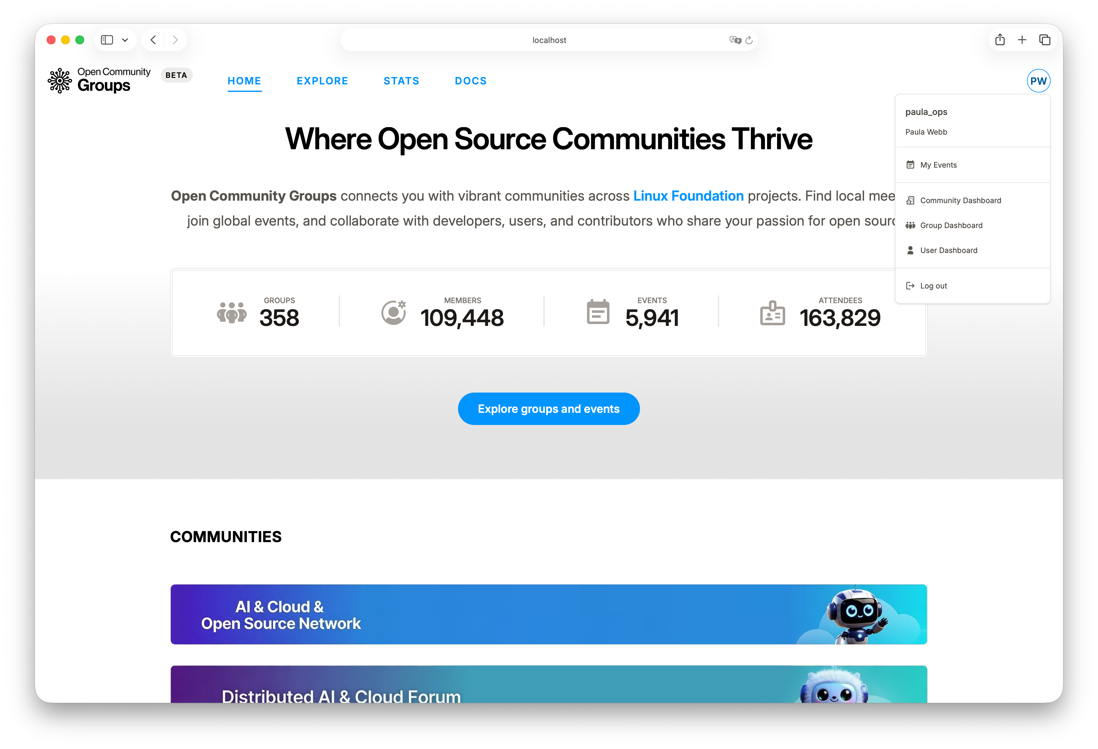 User menu and dashboard options